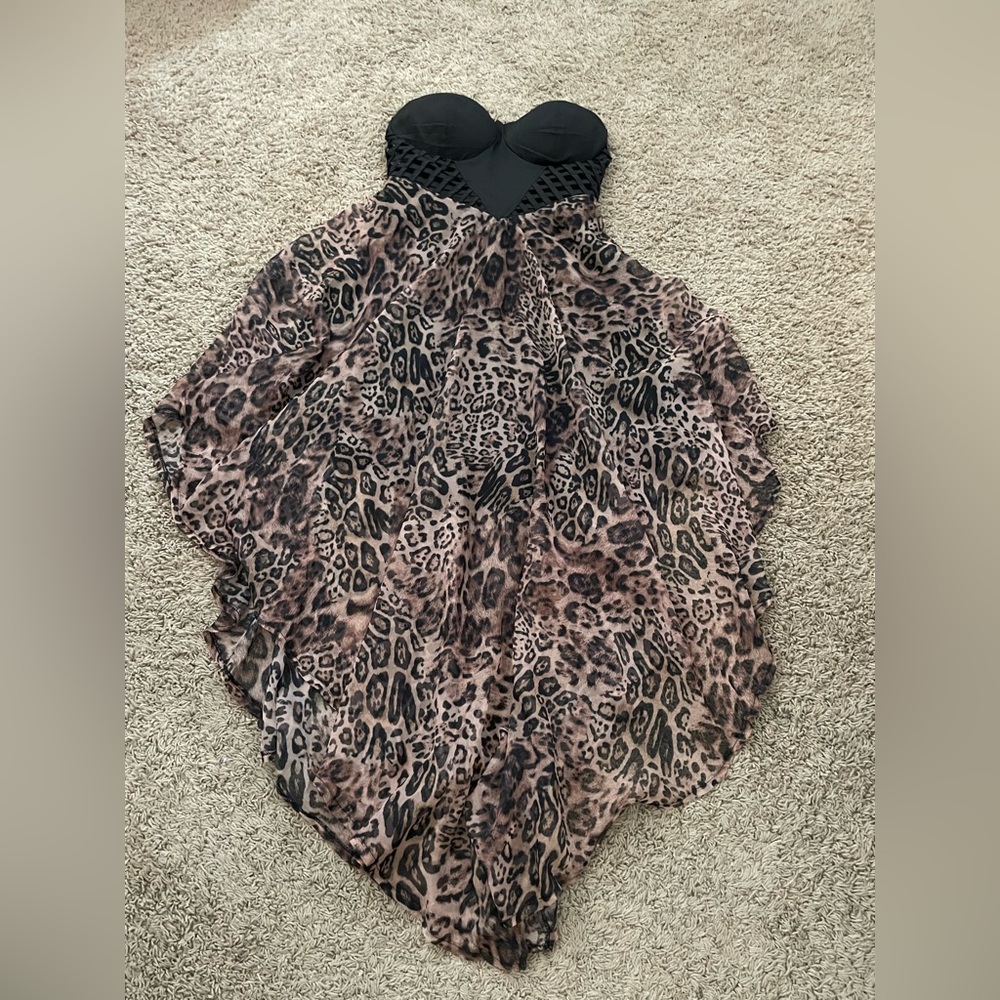 Strapless Leopard Print Handkerchief Hem Dress - Black & Brown